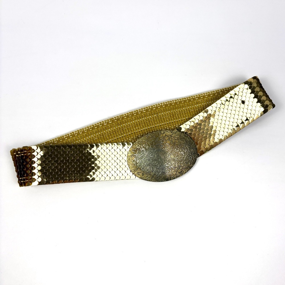 VTG 70s Gold Snake Scale Waist Cincher Floral‎ Buckle Belt Elastic Band Disco
